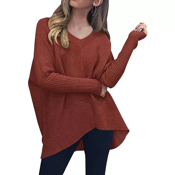 imageANRABESS Womens V Neck Oversized Long Batwing Sleeve Asymmetric Hem Casual Pullover Sweater Knit TopsRust