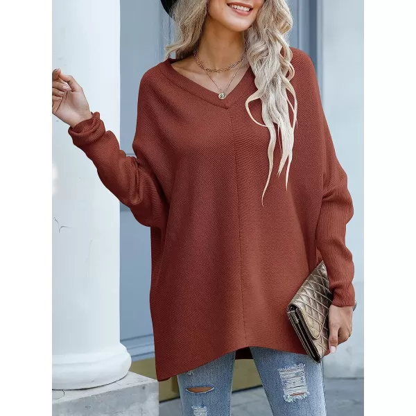 imageANRABESS Womens V Neck Oversized Long Batwing Sleeve Asymmetric Hem Casual Pullover Sweater Knit TopsRust