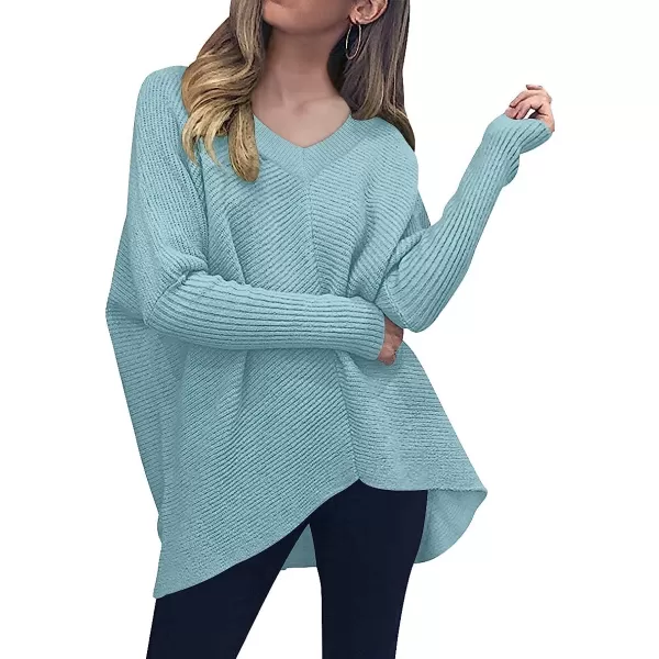 imageANRABESS Womens V Neck Oversized Long Batwing Sleeve Asymmetric Hem Casual Pullover Sweater Knit TopsSky