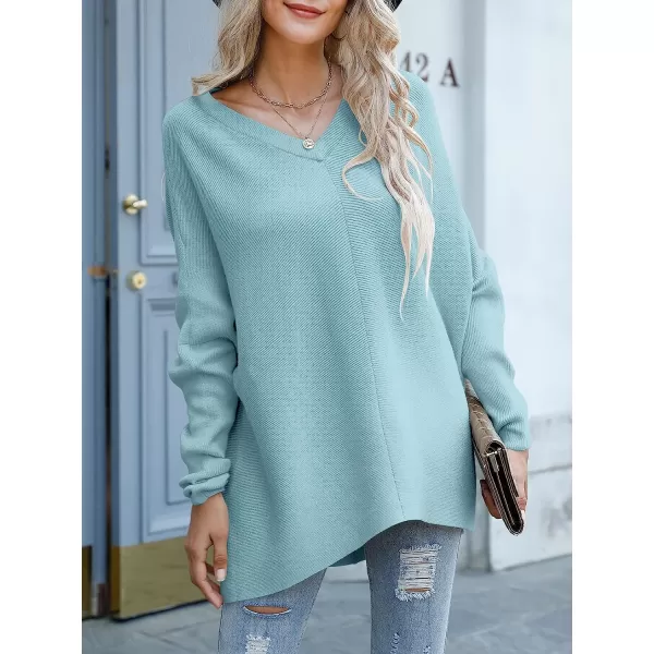 imageANRABESS Womens V Neck Oversized Long Batwing Sleeve Asymmetric Hem Casual Pullover Sweater Knit TopsSky