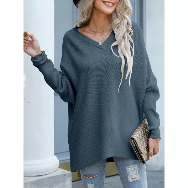 imageANRABESS Womens V Neck Oversized Long Batwing Sleeve Asymmetric Hem Casual Pullover Sweater Knit TopsTeal