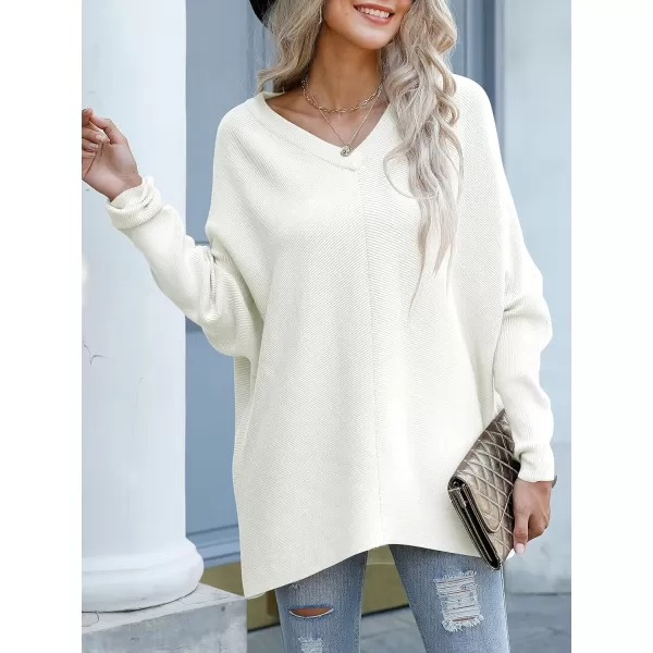 imageANRABESS Womens V Neck Oversized Long Batwing Sleeve Asymmetric Hem Casual Pullover Sweater Knit TopsWhite