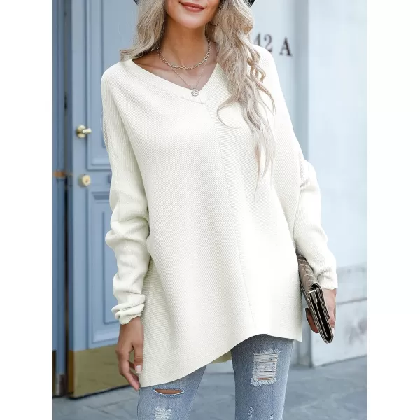 imageANRABESS Womens V Neck Oversized Long Batwing Sleeve Asymmetric Hem Casual Pullover Sweater Knit TopsWhite