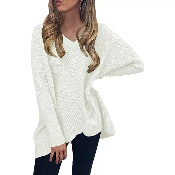 imageANRABESS Womens V Neck Oversized Long Batwing Sleeve Asymmetric Hem Casual Pullover Sweater Knit TopsWhite