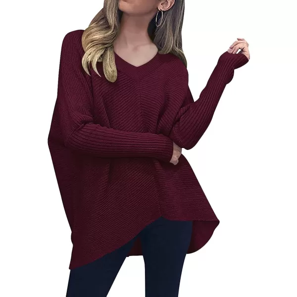 imageANRABESS Womens V Neck Oversized Long Batwing Sleeve Asymmetric Hem Casual Pullover Sweater Knit TopsWine Red