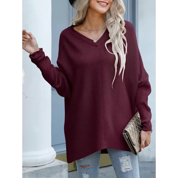 imageANRABESS Womens V Neck Oversized Long Batwing Sleeve Asymmetric Hem Casual Pullover Sweater Knit TopsWine Red