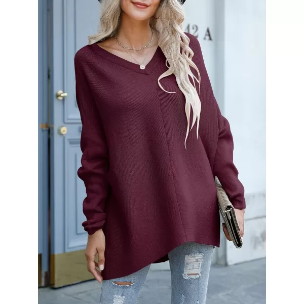 imageANRABESS Womens V Neck Oversized Long Batwing Sleeve Asymmetric Hem Casual Pullover Sweater Knit TopsWine Red