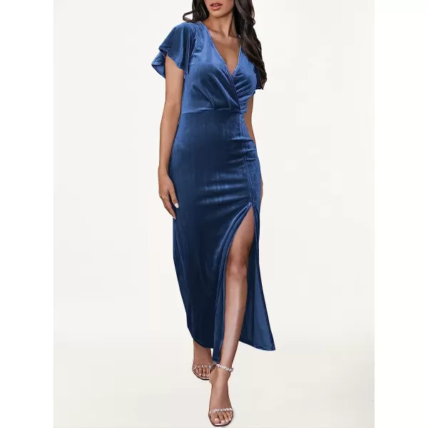 imageANRABESS Womens Velvet V Neck Wrap Bell Sleeve Bodycon Split Maxi Dress Cocktail Party Evening Bridesmaid DressesBlue