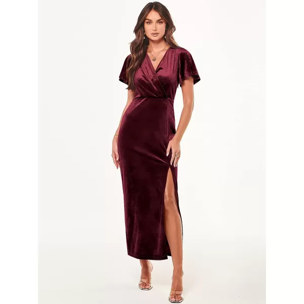 imageANRABESS Womens Velvet V Neck Wrap Bell Sleeve Bodycon Split Maxi Dress Cocktail Party Evening Bridesmaid DressesBurgundy