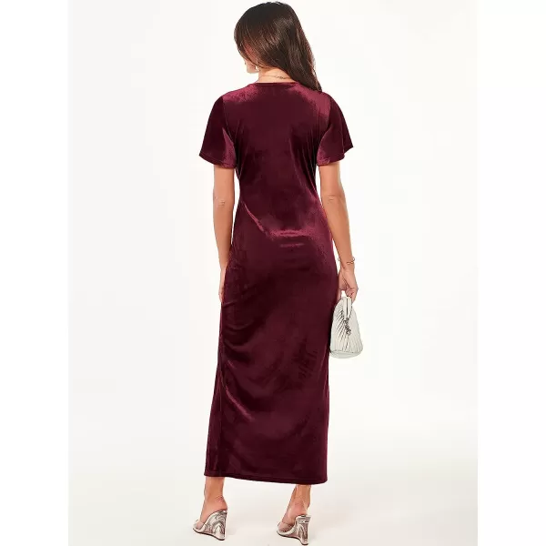 imageANRABESS Womens Velvet V Neck Wrap Bell Sleeve Bodycon Split Maxi Dress Cocktail Party Evening Bridesmaid DressesBurgundy