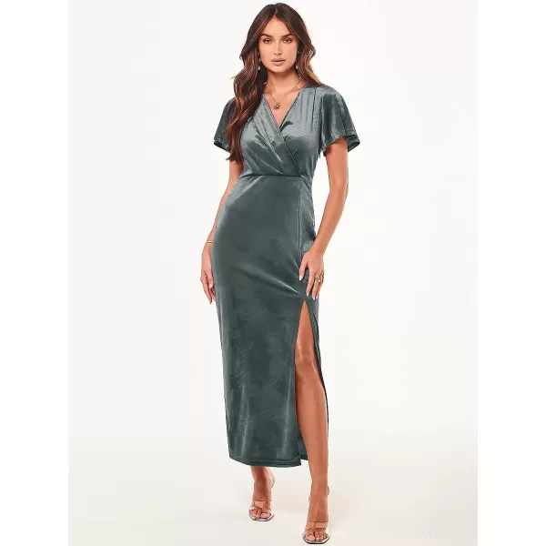 imageANRABESS Womens Velvet V Neck Wrap Bell Sleeve Bodycon Split Maxi Dress Cocktail Party Evening Bridesmaid DressesCyan Gray