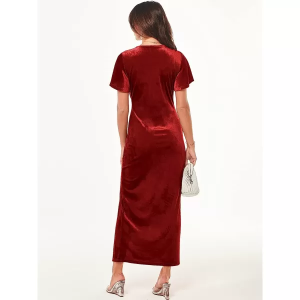 imageANRABESS Womens Velvet V Neck Wrap Bell Sleeve Bodycon Split Maxi Dress Cocktail Party Evening Bridesmaid DressesRed