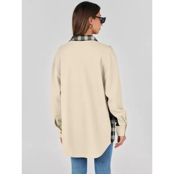 imageANRABESS Womens Waffle Knit Plaid Shacket Boyfriend Button Down Shirt Jacket Loose Long Sleeve TopsA Apricot