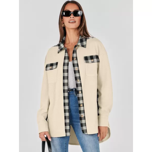 imageANRABESS Womens Waffle Knit Plaid Shacket Boyfriend Button Down Shirt Jacket Loose Long Sleeve TopsA Apricot