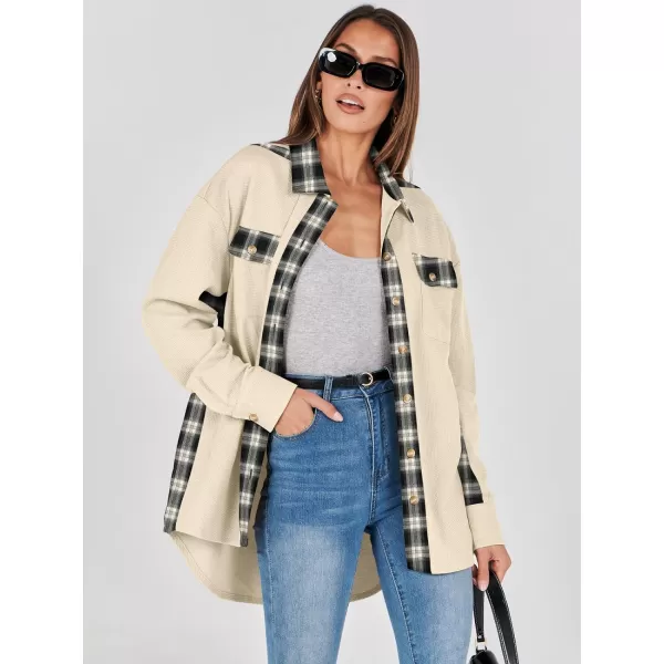 imageANRABESS Womens Waffle Knit Plaid Shacket Boyfriend Button Down Shirt Jacket Loose Long Sleeve TopsA Apricot