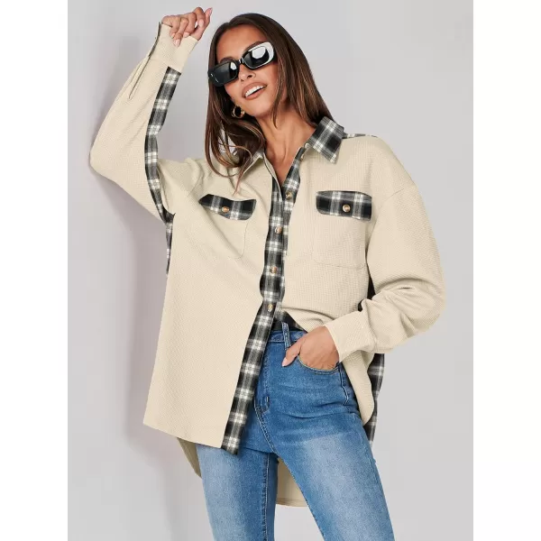 imageANRABESS Womens Waffle Knit Plaid Shacket Boyfriend Button Down Shirt Jacket Loose Long Sleeve TopsA Apricot