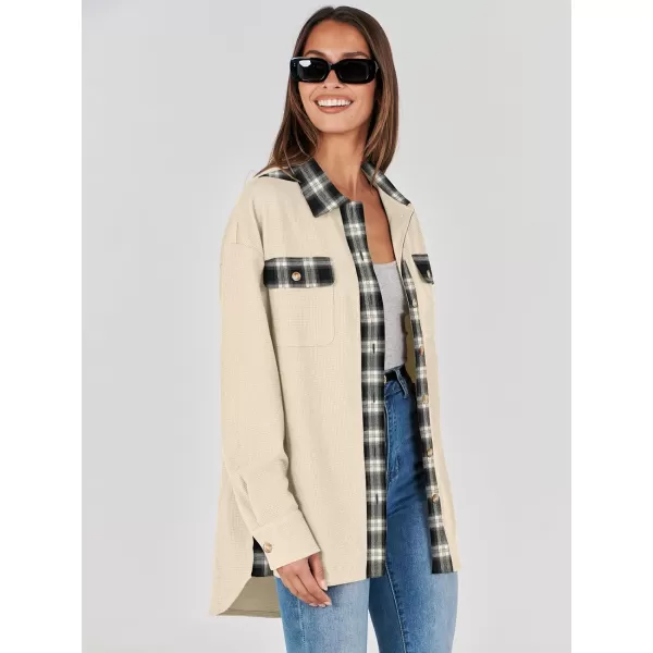 imageANRABESS Womens Waffle Knit Plaid Shacket Boyfriend Button Down Shirt Jacket Loose Long Sleeve TopsA Apricot