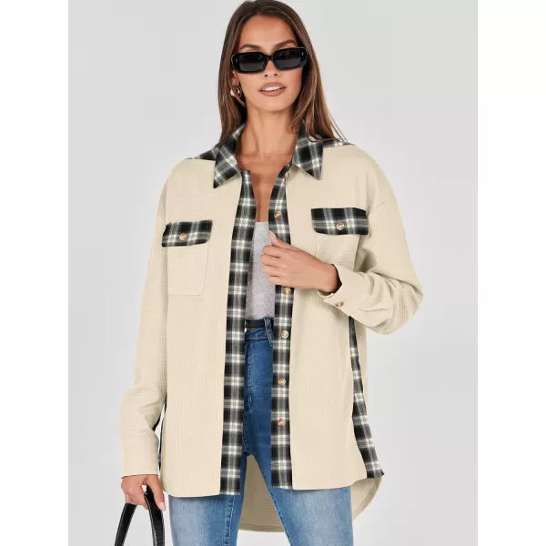 imageANRABESS Womens Waffle Knit Plaid Shacket Boyfriend Button Down Shirt Jacket Loose Long Sleeve TopsA Apricot