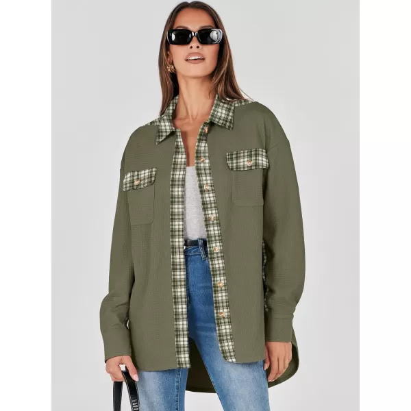 imageANRABESS Womens Waffle Knit Plaid Shacket Boyfriend Button Down Shirt Jacket Loose Long Sleeve TopsA Army Green