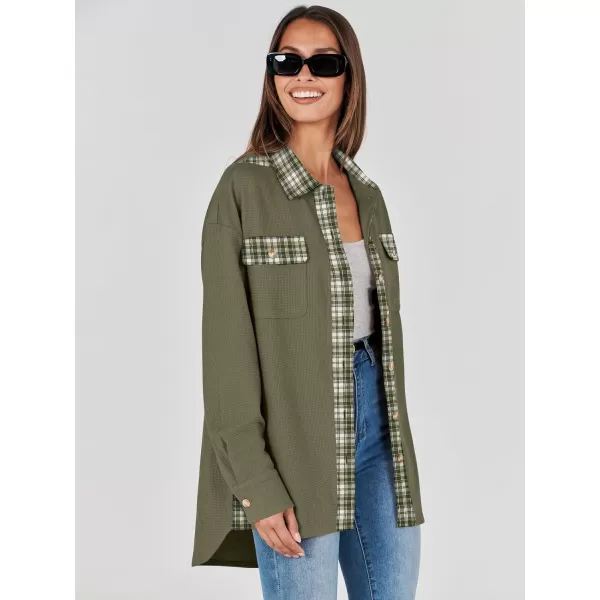 imageANRABESS Womens Waffle Knit Plaid Shacket Boyfriend Button Down Shirt Jacket Loose Long Sleeve TopsA Army Green