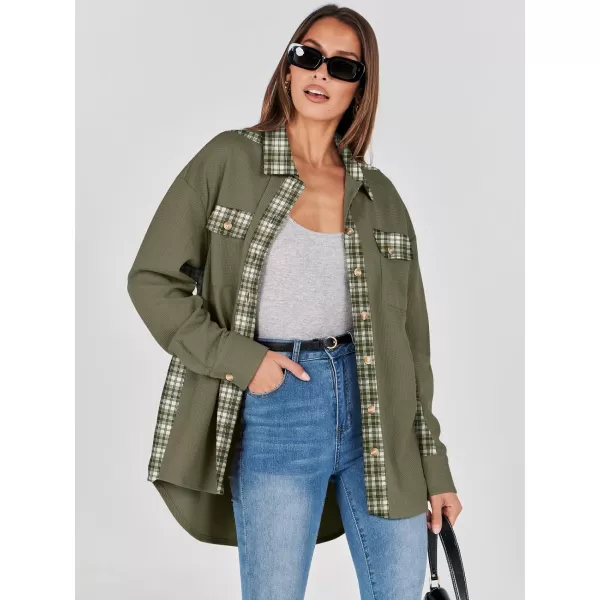 imageANRABESS Womens Waffle Knit Plaid Shacket Boyfriend Button Down Shirt Jacket Loose Long Sleeve TopsA Army Green