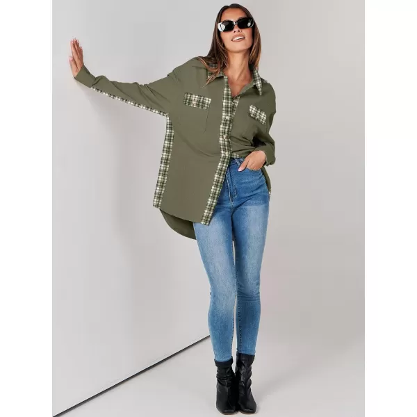 imageANRABESS Womens Waffle Knit Plaid Shacket Boyfriend Button Down Shirt Jacket Loose Long Sleeve TopsA Army Green