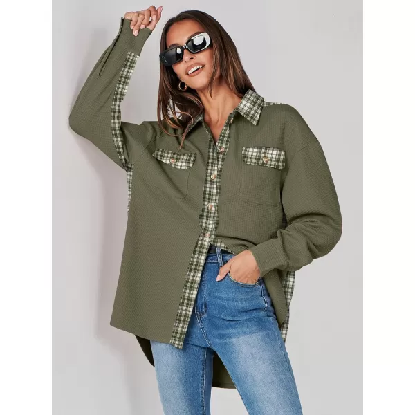 imageANRABESS Womens Waffle Knit Plaid Shacket Boyfriend Button Down Shirt Jacket Loose Long Sleeve TopsA Army Green