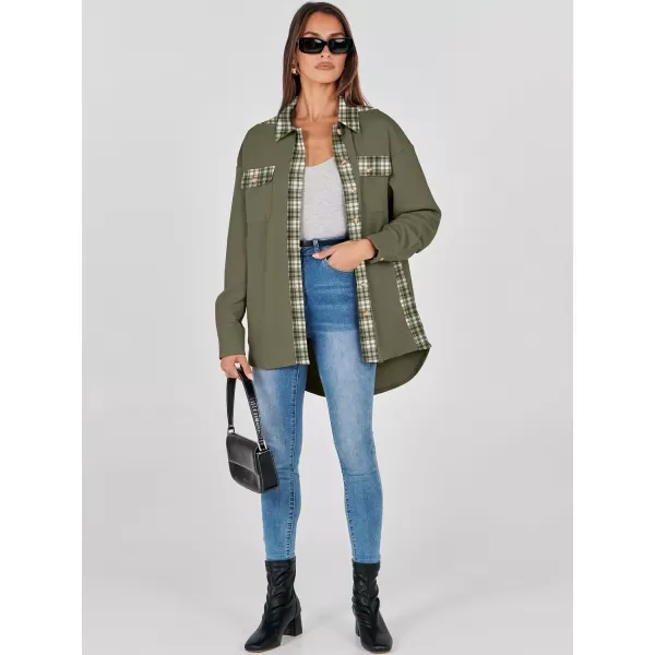 imageANRABESS Womens Waffle Knit Plaid Shacket Boyfriend Button Down Shirt Jacket Loose Long Sleeve TopsA Army Green