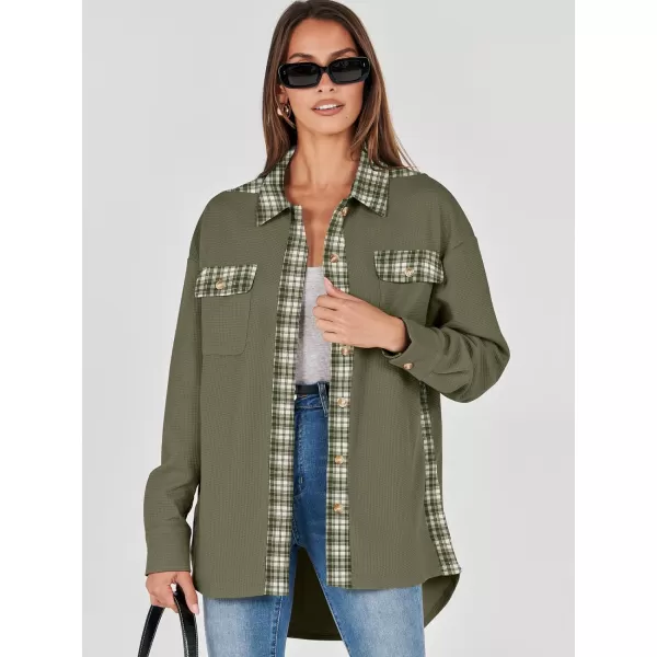 imageANRABESS Womens Waffle Knit Plaid Shacket Boyfriend Button Down Shirt Jacket Loose Long Sleeve TopsA Army Green
