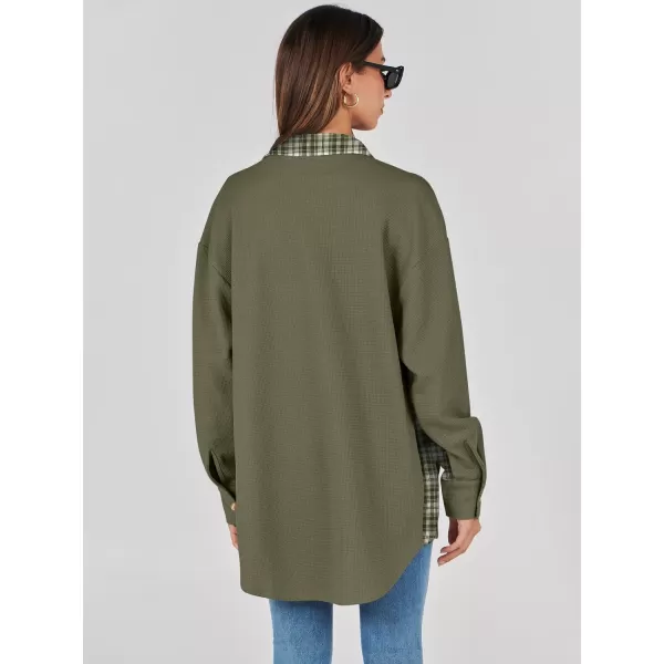 imageANRABESS Womens Waffle Knit Plaid Shacket Boyfriend Button Down Shirt Jacket Loose Long Sleeve TopsA Army Green