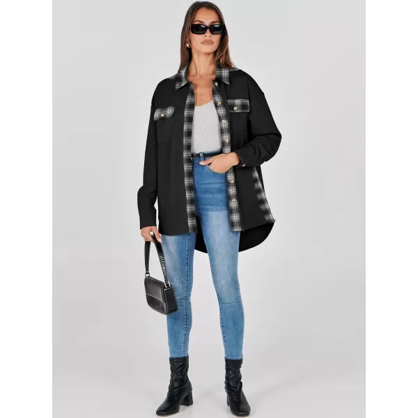 imageANRABESS Womens Waffle Knit Plaid Shacket Boyfriend Button Down Shirt Jacket Loose Long Sleeve TopsA Black