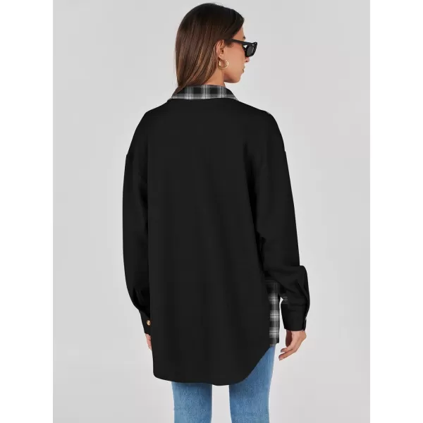 imageANRABESS Womens Waffle Knit Plaid Shacket Boyfriend Button Down Shirt Jacket Loose Long Sleeve TopsA Black
