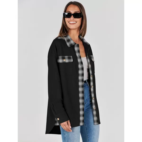 imageANRABESS Womens Waffle Knit Plaid Shacket Boyfriend Button Down Shirt Jacket Loose Long Sleeve TopsA Black