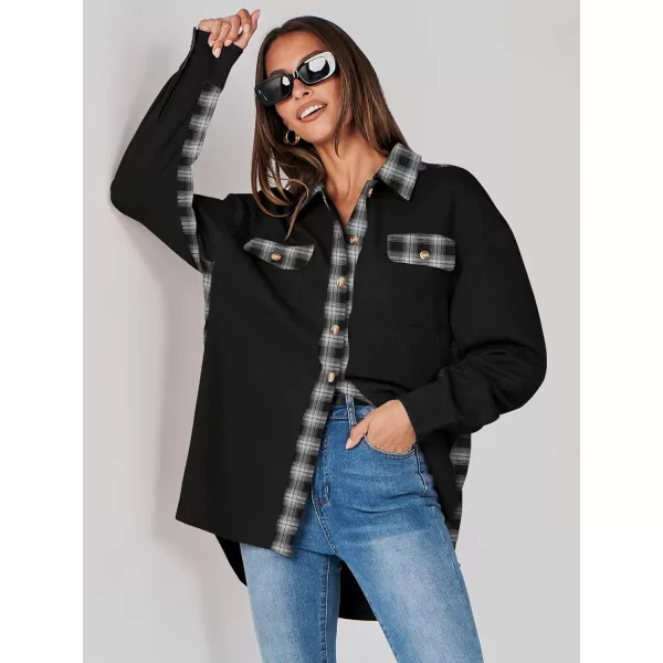 imageANRABESS Womens Waffle Knit Plaid Shacket Boyfriend Button Down Shirt Jacket Loose Long Sleeve TopsA Black