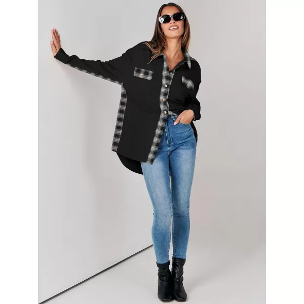 imageANRABESS Womens Waffle Knit Plaid Shacket Boyfriend Button Down Shirt Jacket Loose Long Sleeve TopsA Black