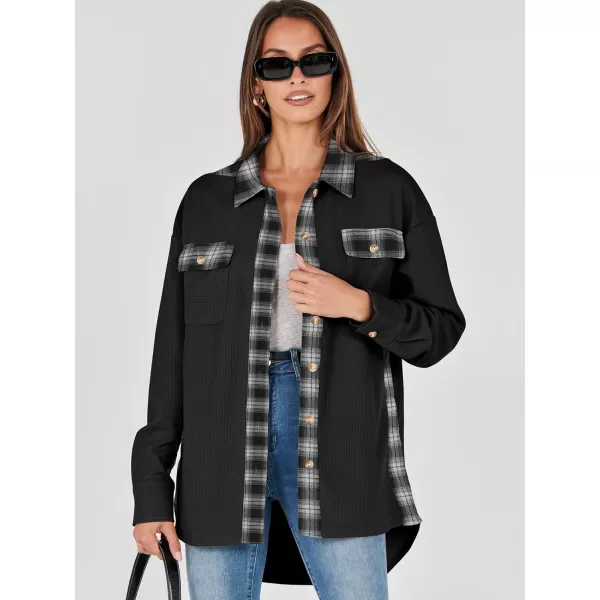 imageANRABESS Womens Waffle Knit Plaid Shacket Boyfriend Button Down Shirt Jacket Loose Long Sleeve TopsA Black