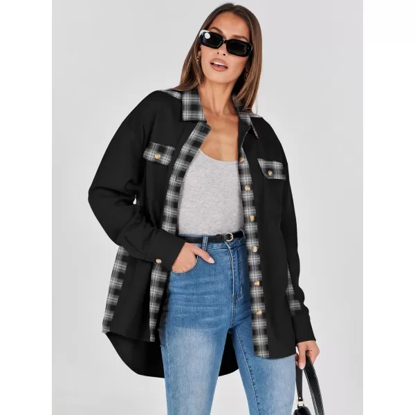 imageANRABESS Womens Waffle Knit Plaid Shacket Boyfriend Button Down Shirt Jacket Loose Long Sleeve TopsA Black