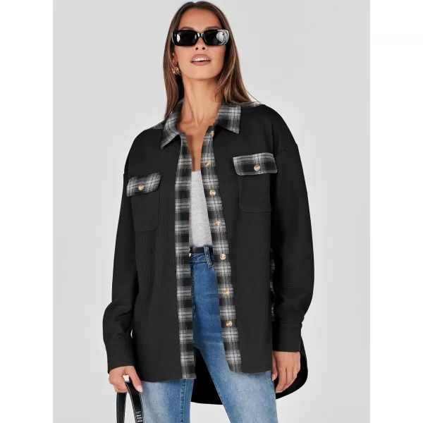 imageANRABESS Womens Waffle Knit Plaid Shacket Boyfriend Button Down Shirt Jacket Loose Long Sleeve TopsA Black