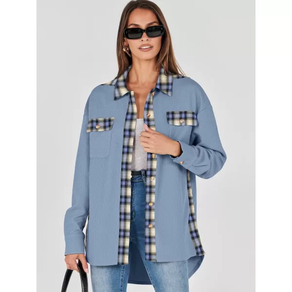 imageANRABESS Womens Waffle Knit Plaid Shacket Boyfriend Button Down Shirt Jacket Loose Long Sleeve TopsA Blue