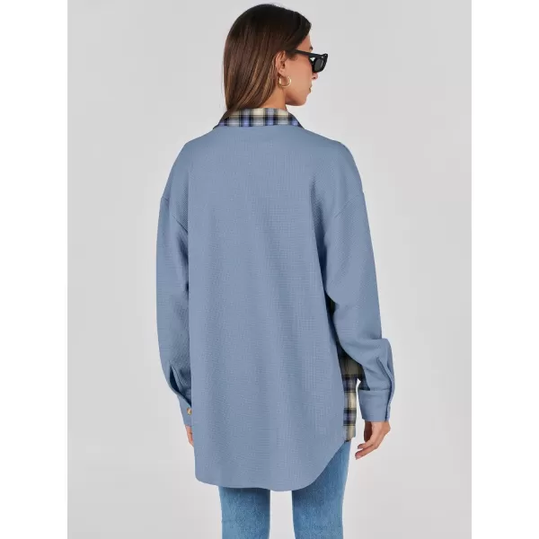 imageANRABESS Womens Waffle Knit Plaid Shacket Boyfriend Button Down Shirt Jacket Loose Long Sleeve TopsA Blue