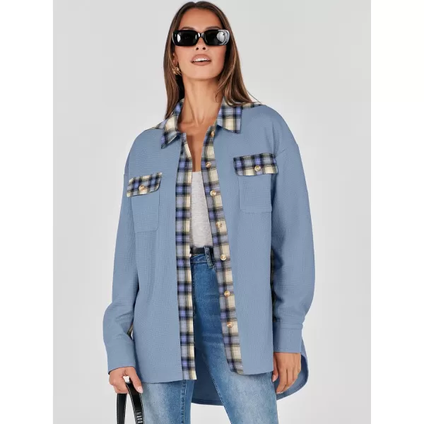 imageANRABESS Womens Waffle Knit Plaid Shacket Boyfriend Button Down Shirt Jacket Loose Long Sleeve TopsA Blue
