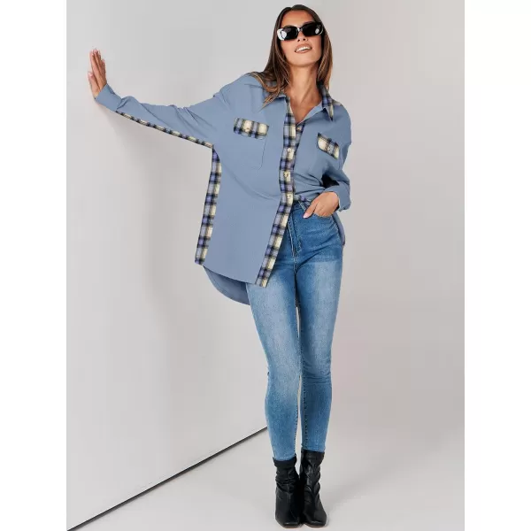 imageANRABESS Womens Waffle Knit Plaid Shacket Boyfriend Button Down Shirt Jacket Loose Long Sleeve TopsA Blue
