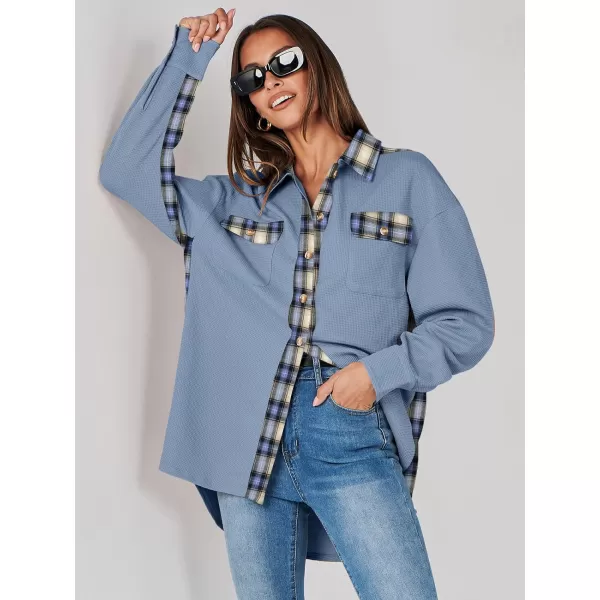 imageANRABESS Womens Waffle Knit Plaid Shacket Boyfriend Button Down Shirt Jacket Loose Long Sleeve TopsA Blue