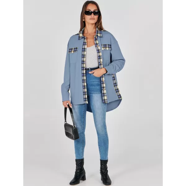 imageANRABESS Womens Waffle Knit Plaid Shacket Boyfriend Button Down Shirt Jacket Loose Long Sleeve TopsA Blue
