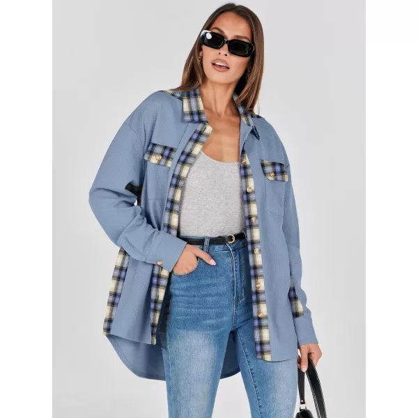 imageANRABESS Womens Waffle Knit Plaid Shacket Boyfriend Button Down Shirt Jacket Loose Long Sleeve TopsA Blue
