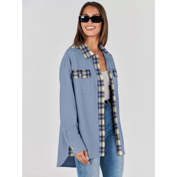 imageANRABESS Womens Waffle Knit Plaid Shacket Boyfriend Button Down Shirt Jacket Loose Long Sleeve TopsA Blue