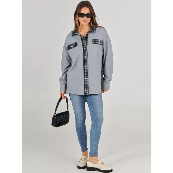 imageANRABESS Womens Waffle Knit Plaid Shacket Boyfriend Button Down Shirt Jacket Loose Long Sleeve TopsA Gray