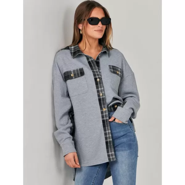 imageANRABESS Womens Waffle Knit Plaid Shacket Boyfriend Button Down Shirt Jacket Loose Long Sleeve TopsA Gray