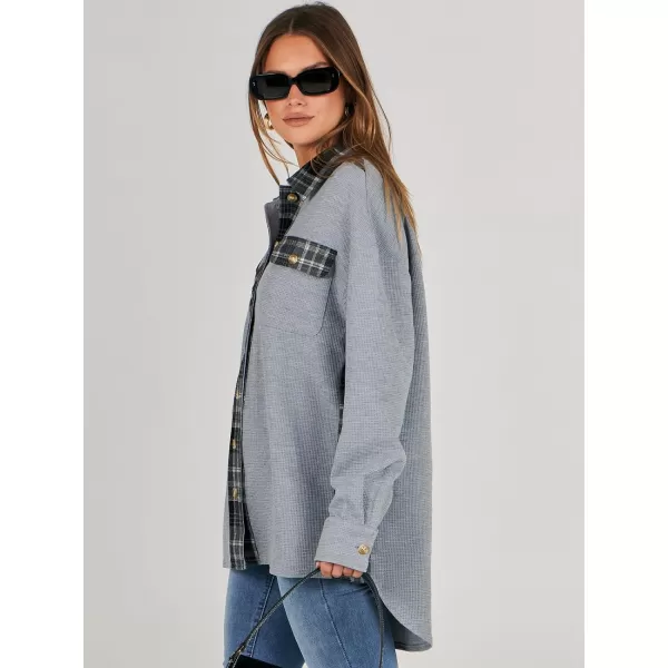 imageANRABESS Womens Waffle Knit Plaid Shacket Boyfriend Button Down Shirt Jacket Loose Long Sleeve TopsA Gray