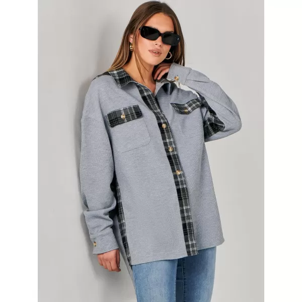 imageANRABESS Womens Waffle Knit Plaid Shacket Boyfriend Button Down Shirt Jacket Loose Long Sleeve TopsA Gray